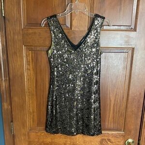 Express Black and Gold Sequin V-Neck Mini Dress